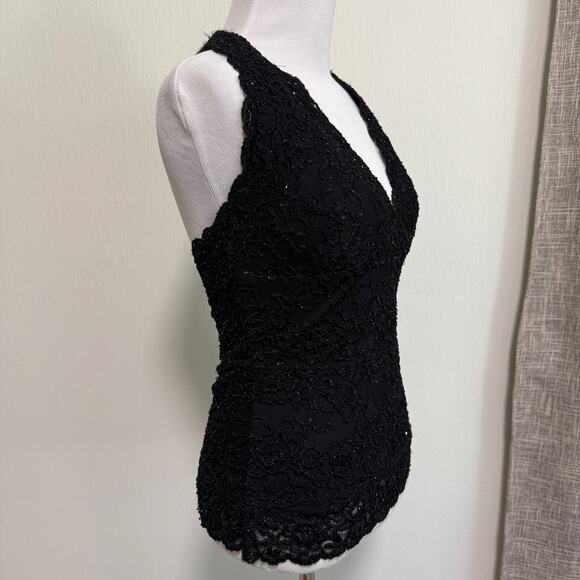VTG Cache Y2K Babydoll Halter Top M Black Sheer Mesh Beaded Lace Whimsigoth Vamp - Picture 2 of 13